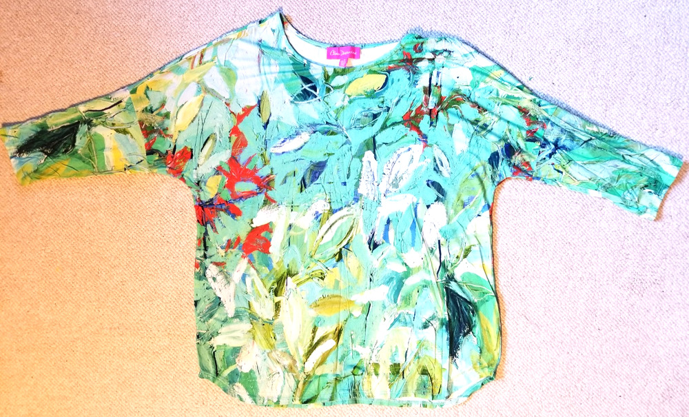 Womens Top-CLAIRE DESJARDINS-knit 'The Crocosmia are in Bloom' Wearable Art -L